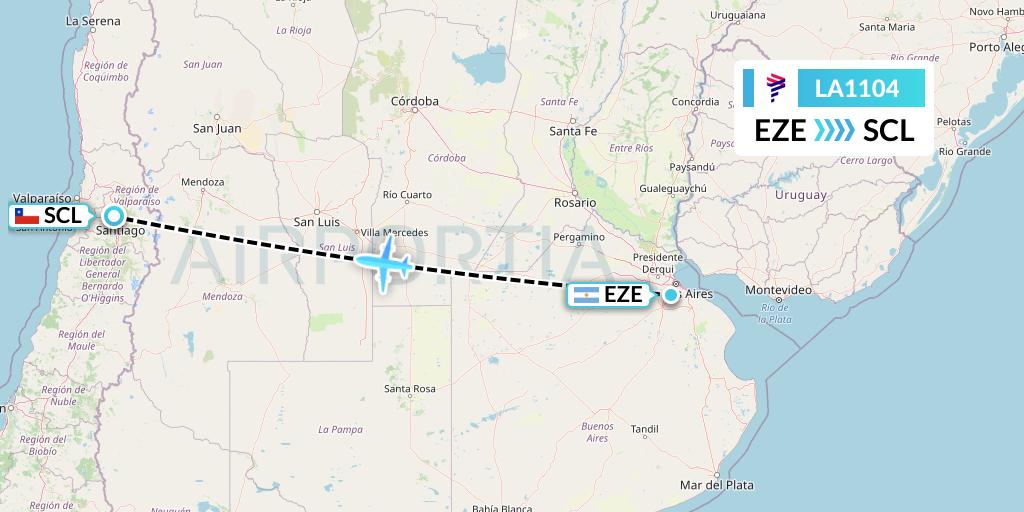 LA1104 LAN Airlines Flight Map: Buenos Aires to Santiago