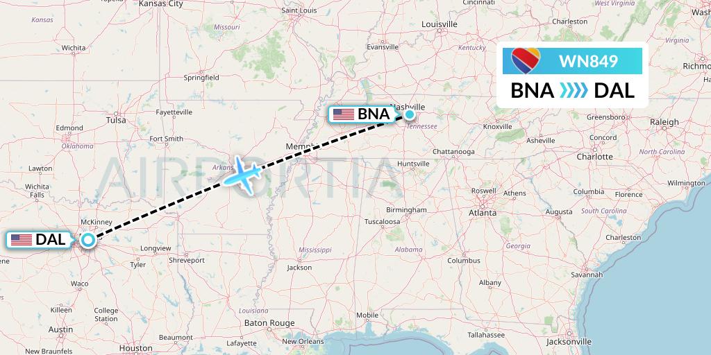 WN849 Southwest Airlines Flight Map: Nashville to Dallas
