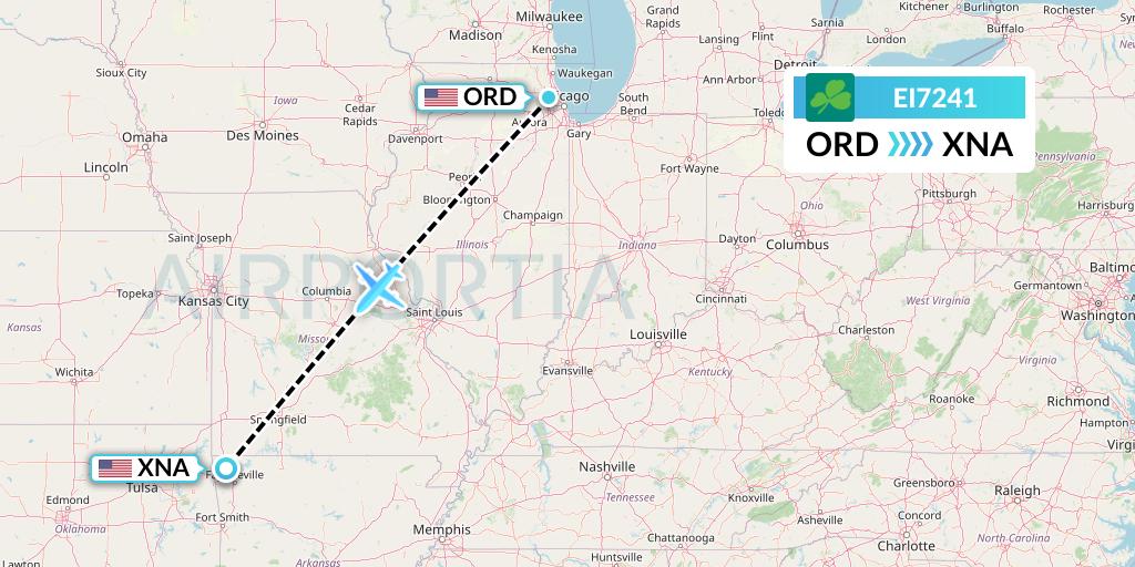 EI7241 Aer Lingus Flight Map: Chicago to Bentonville