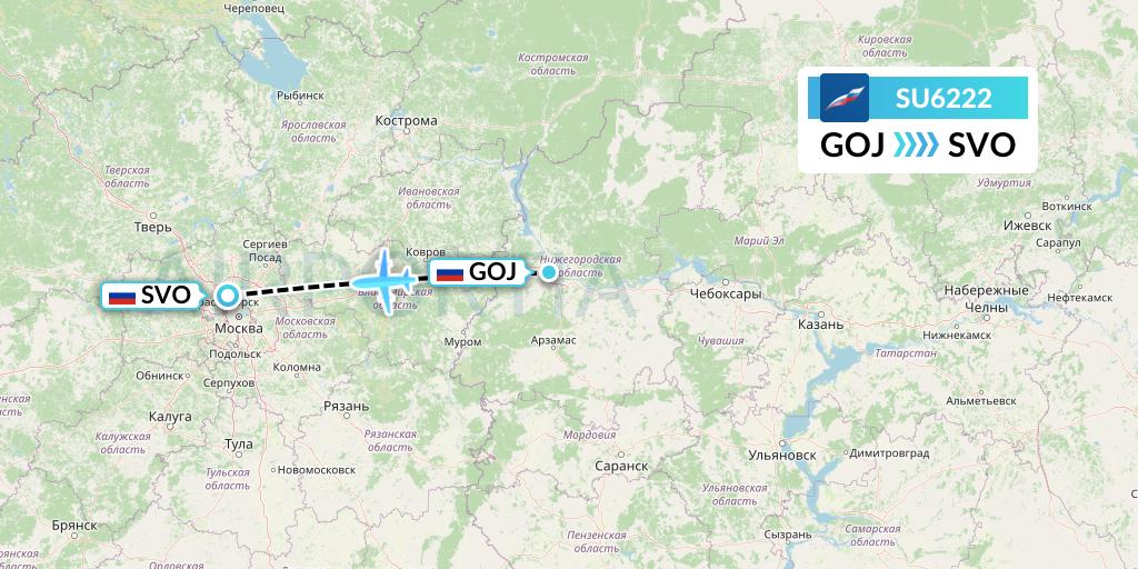 SU6222 Aeroflot Flight Map: Nizhny Novgorod to Moscow