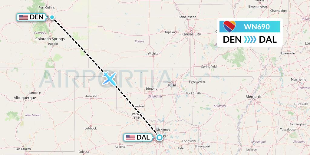 WN690 Southwest Airlines Flight Map: Denver to Dallas