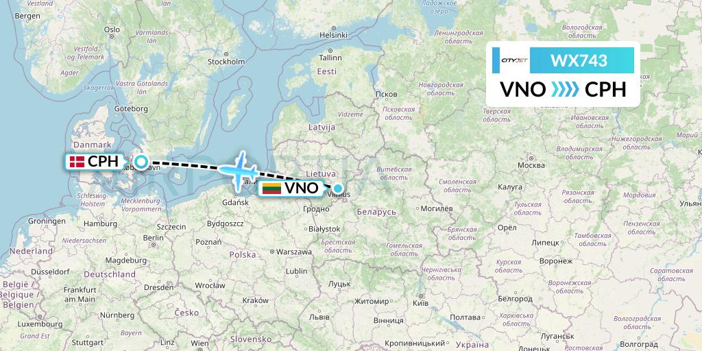 WX743 Cityjet Flight Map: Vilnius to Copenhagen