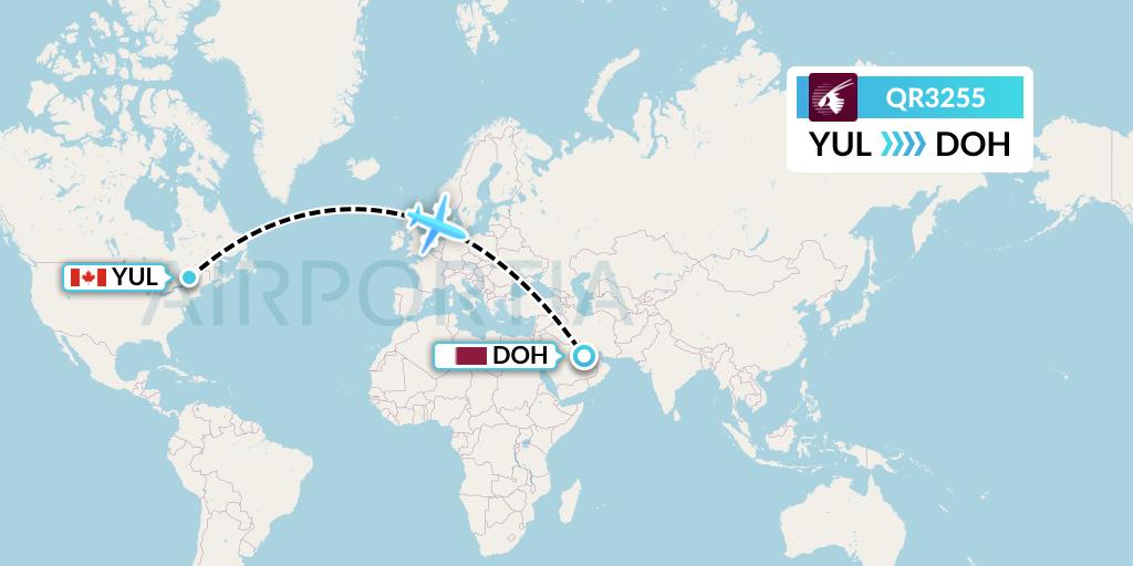 QR3255 Qatar Airways Flight Map: Montreal to Doha