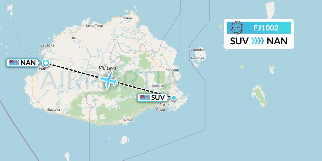FJ1002 Fiji Airways Flight Map: Suva to Nadi