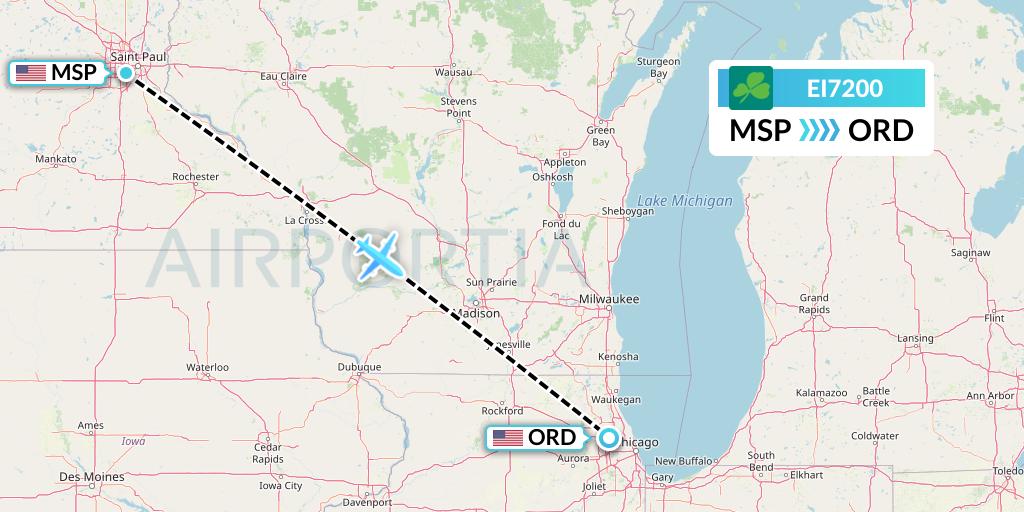 EI7200 Aer Lingus Flight Map: Minneapolis to Chicago