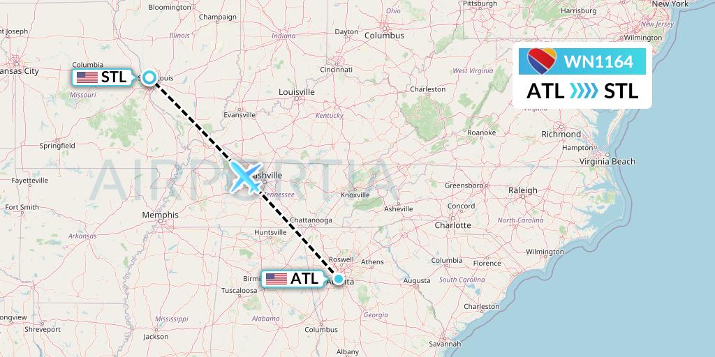 WN1164 Southwest Airlines Flight Map: Atlanta to St. Louis