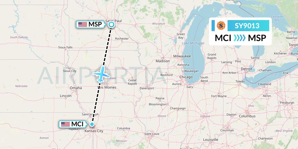 SY9013 Sun Country Airlines Flight Map: Kansas City to Minneapolis
