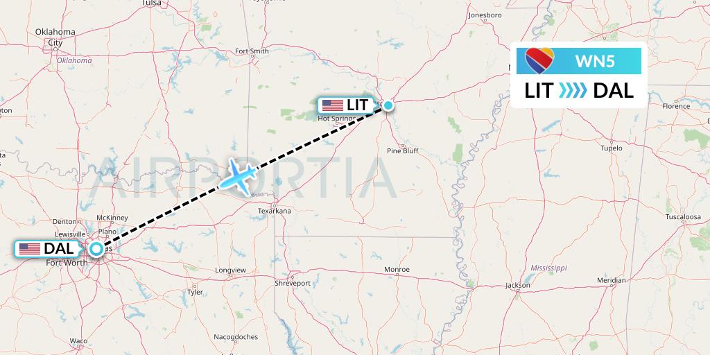 WN5 Southwest Airlines Flight Map: Little Rock to Dallas