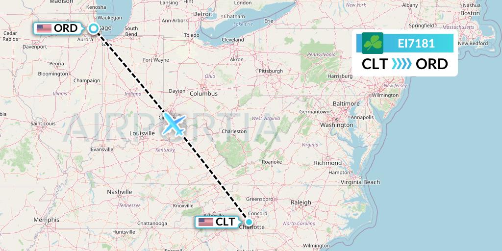 EI7181 Aer Lingus Flight Map: Charlotte to Chicago