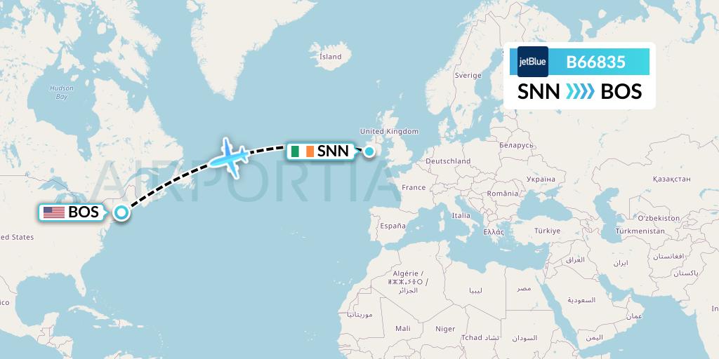 B66835 JetBlue Airways Flight Map: Shannon to Boston