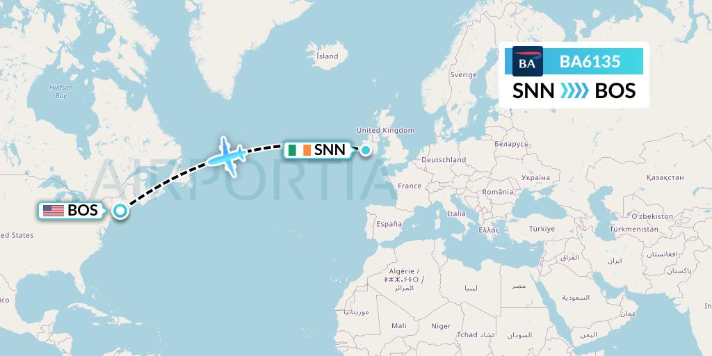 BA6135 British Airways Flight Map: Shannon to Boston