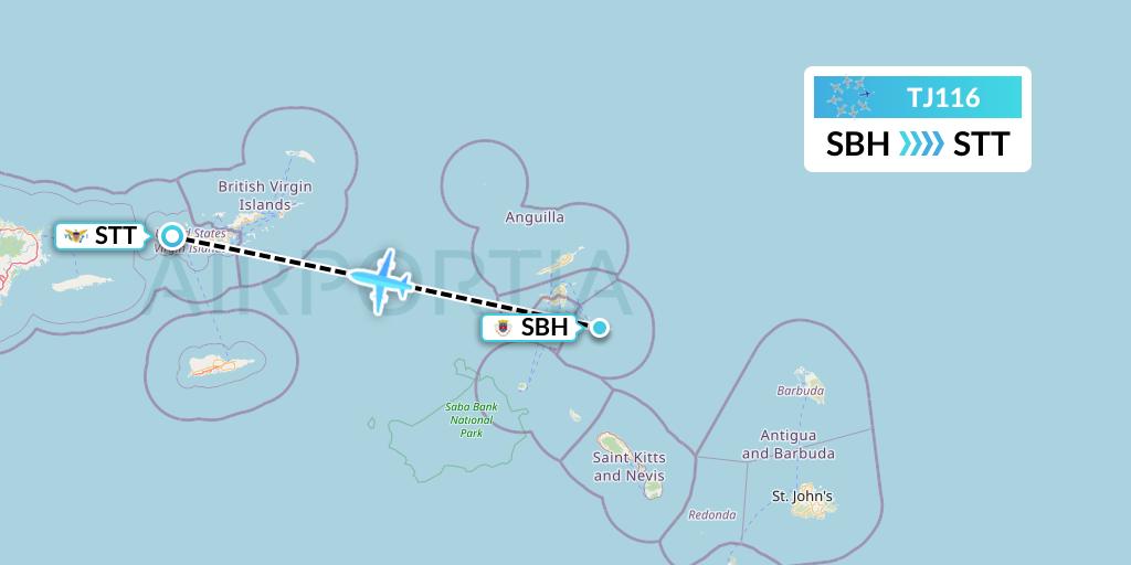 TJ116 Tradewind Aviation Flight Map: St. Jean to St. Thomas