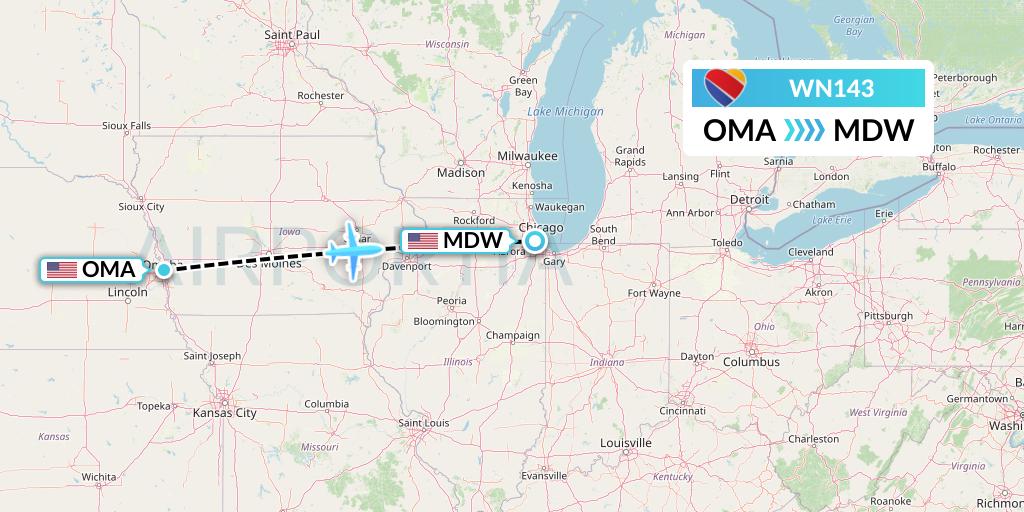 WN143 Southwest Airlines Flight Map: Omaha to Chicago