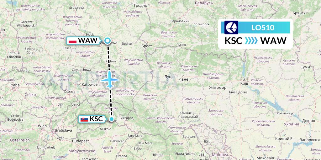LO510 LOT Flight Map: Kosice to Warsaw