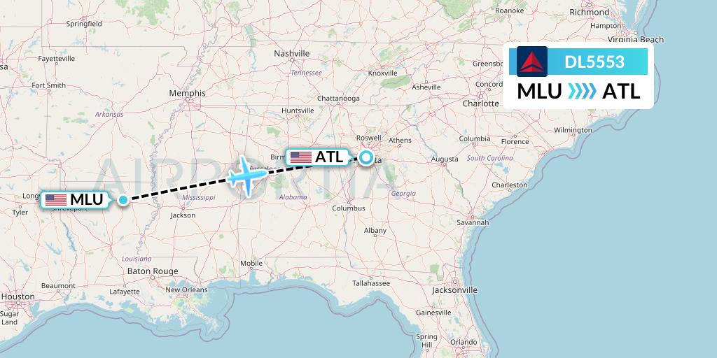 DL5553 Delta Air Lines Flight Map: Monroe to Atlanta
