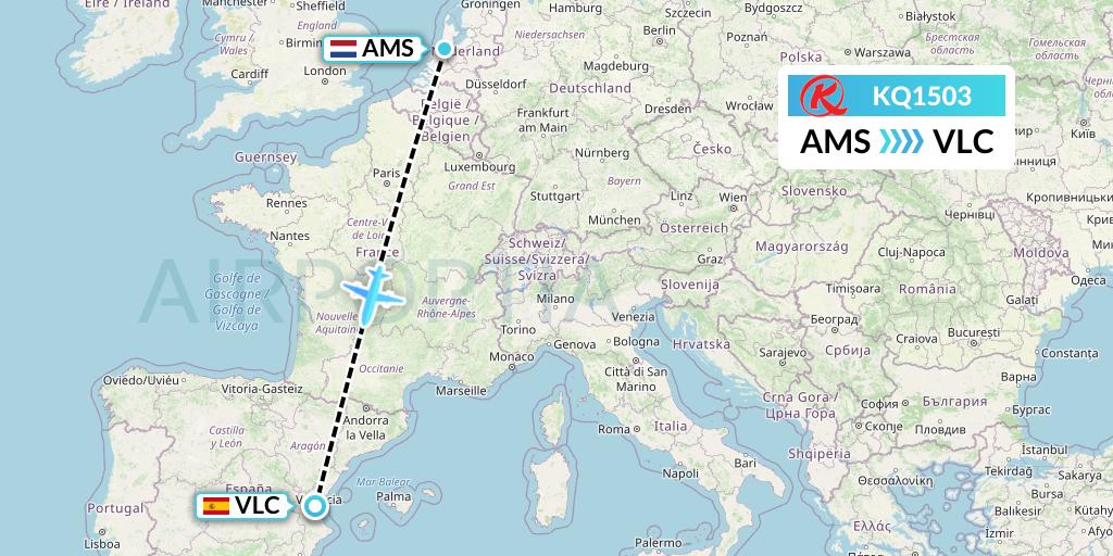 KQ1503 Kenya Airways Flight Map: Amsterdam to Valencia