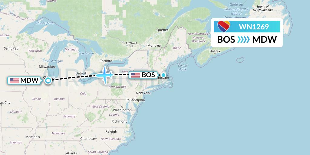 WN1269 Southwest Airlines Flight Map: Boston to Chicago