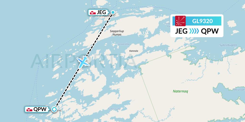 GL9320 Air Greenland Flight Map: Aasiaat to Kangaatsiaq