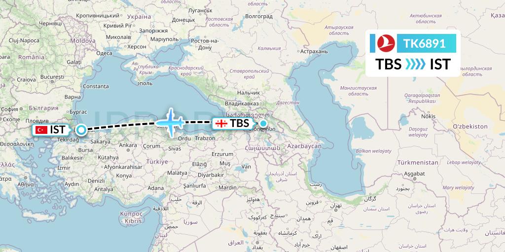 TK6891 Turkish Airlines Flight Map: Tbilisi to Istanbul