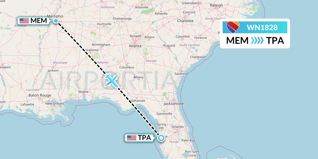 WN1828 Southwest Airlines Flight Map: Memphis to Tampa