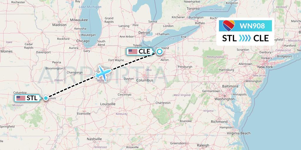 WN908 Southwest Airlines Flight Map: St. Louis to Cleveland