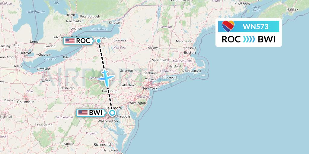 WN573 Southwest Airlines Flight Map: Rochester to Baltimore