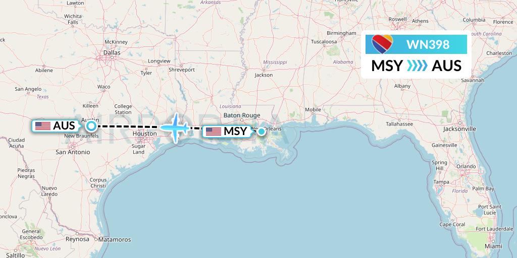 WN398 Southwest Airlines Flight Map: New Orleans to Austin