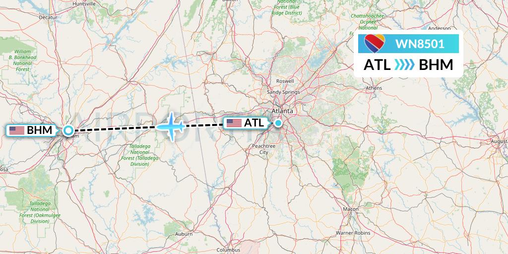 WN8501 Southwest Airlines Flight Map: Atlanta to Birmingham
