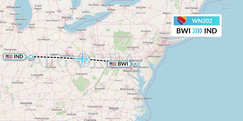 WN202 Southwest Airlines Flight Map: Baltimore to Indianapolis