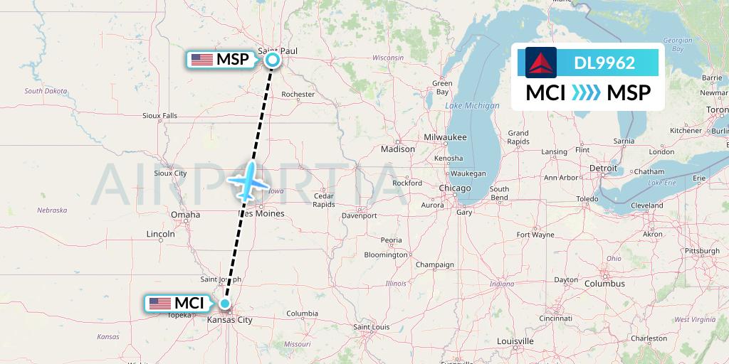 DL9962 Delta Air Lines Flight Map: Kansas City to Minneapolis