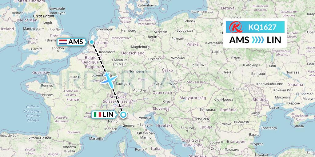 KQ1627 Kenya Airways Flight Map: Amsterdam to Milan