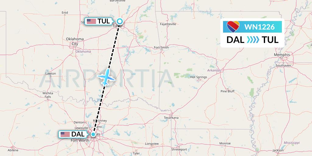 WN1226 Southwest Airlines Flight Map: Dallas to Tulsa