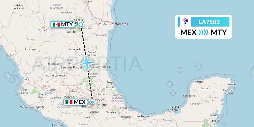 LA7583 LAN Airlines Flight Map: Mexico City to Monterrey