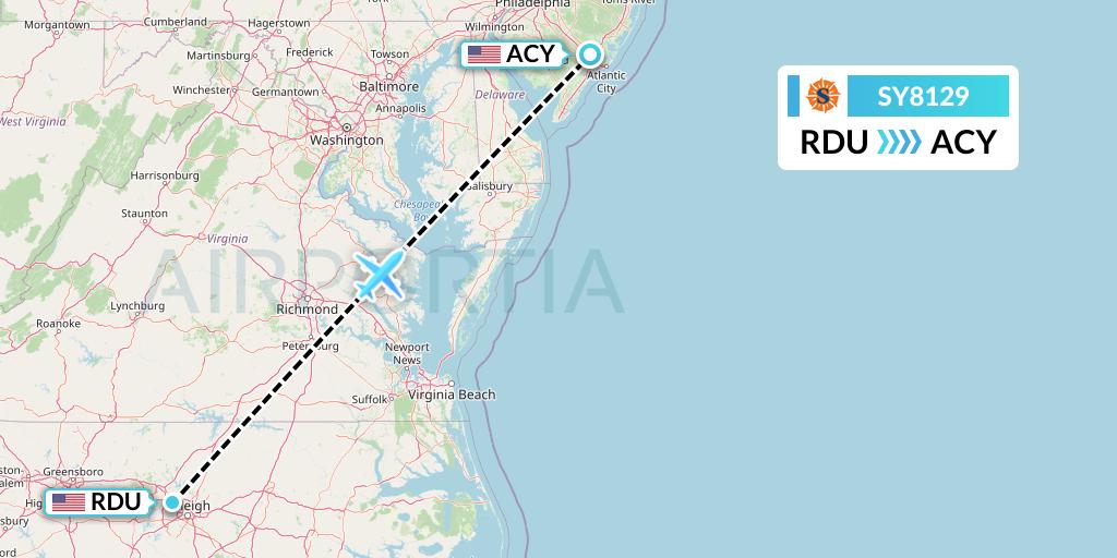 SY8129 Sun Country Airlines Flight Map: Raleigh-Durham to Atlantic City