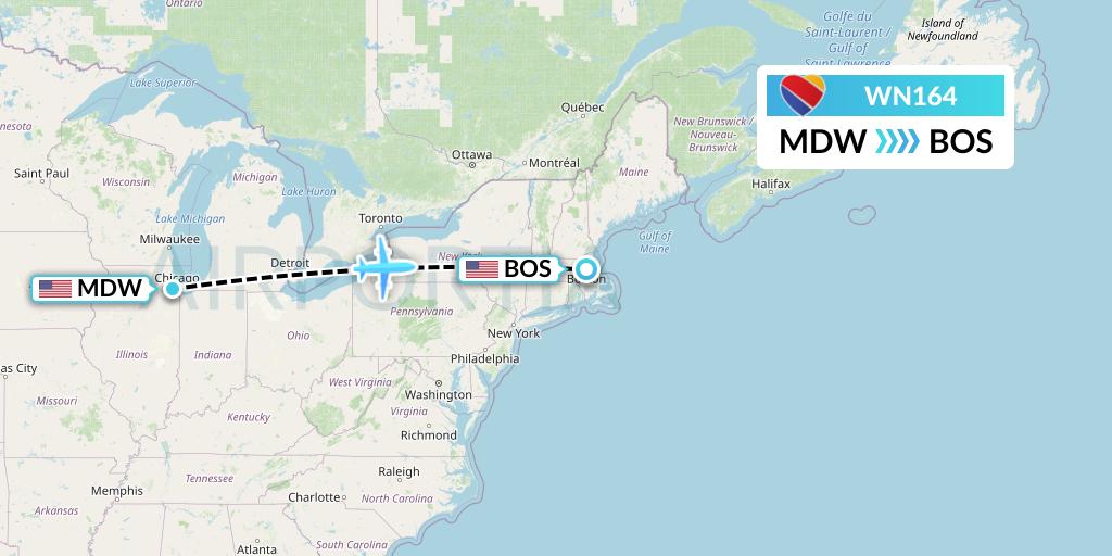 WN164 Southwest Airlines Flight Map: Chicago to Boston