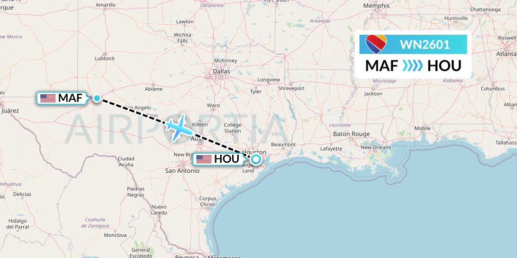 WN2601 Southwest Airlines Flight Map: Midland to Houston
