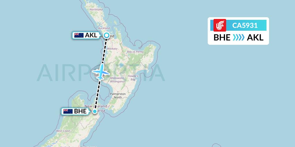 CA5931 Air China Flight Map: Blenheim to Auckland