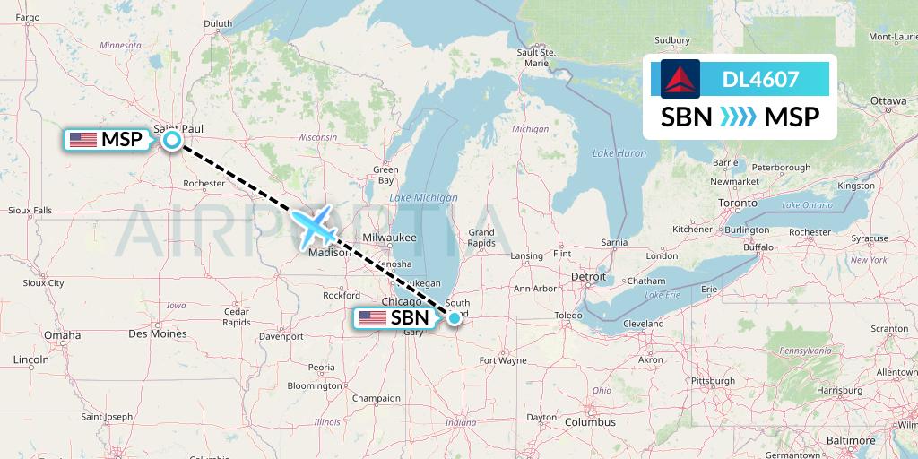 DL4607 Delta Air Lines Flight Map: South Bend to Minneapolis
