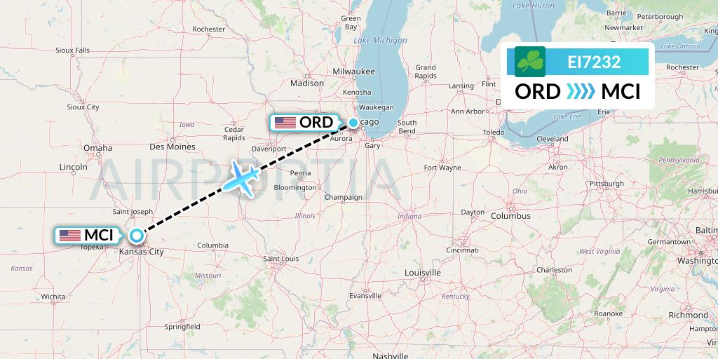 EI7232 Aer Lingus Flight Map: Chicago to Kansas City