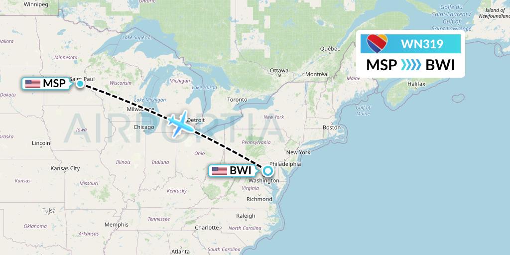 WN319 Southwest Airlines Flight Map: Minneapolis to Baltimore