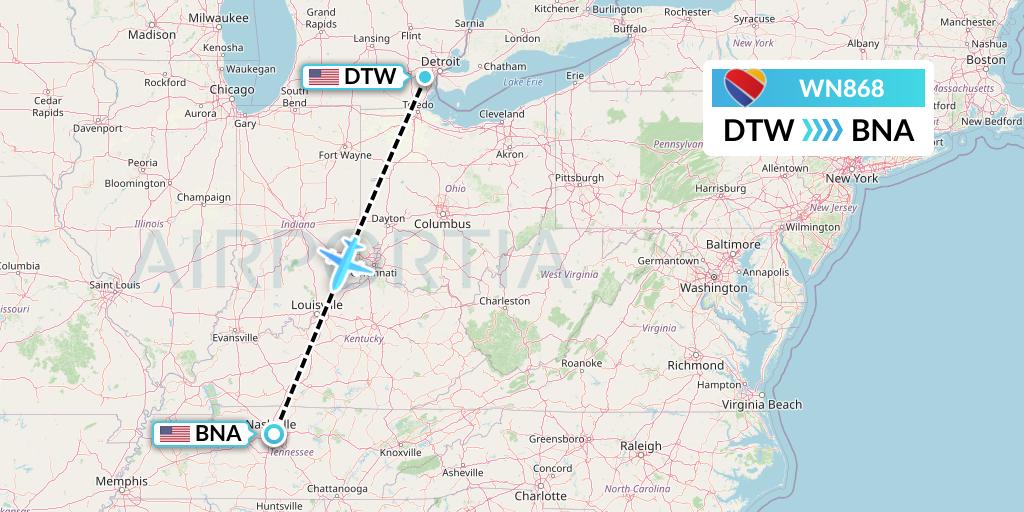 WN868 Southwest Airlines Flight Map: Detroit to Nashville