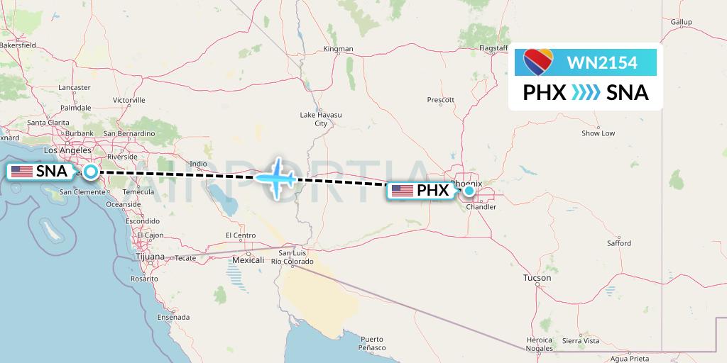 WN2154 Southwest Airlines Flight Map: Phoenix to Orange County