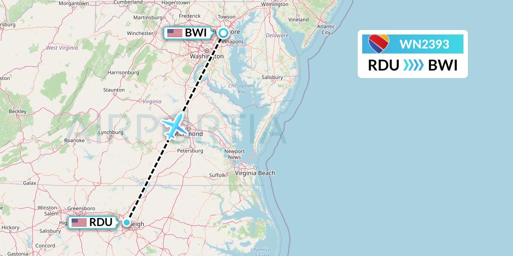 WN2393 Southwest Airlines Flight Map: Raleigh-Durham to Baltimore