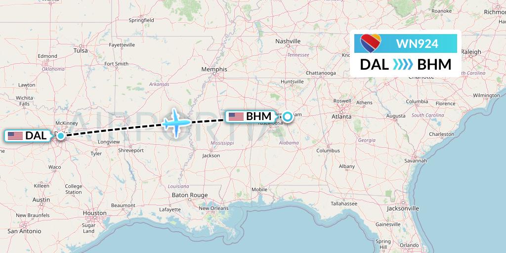 WN924 Southwest Airlines Flight Map: Dallas to Birmingham