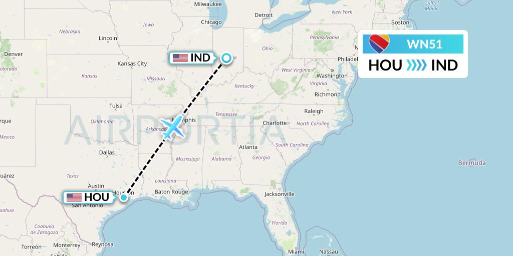 WN51 Southwest Airlines Flight Map: Houston to Indianapolis