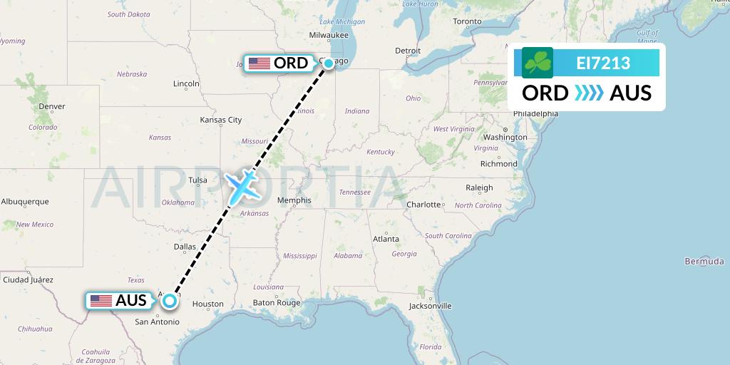 EI7213 Aer Lingus Flight Map: Chicago to Austin