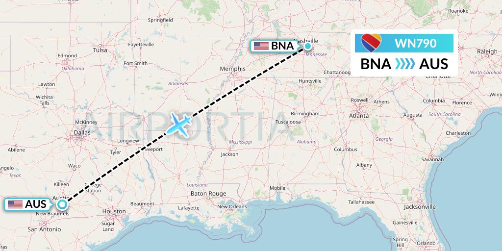 WN790 Southwest Airlines Flight Map: Nashville to Austin