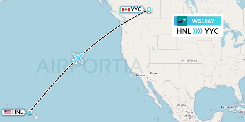 WS1867 WestJet Flight Map: Honolulu to Calgary