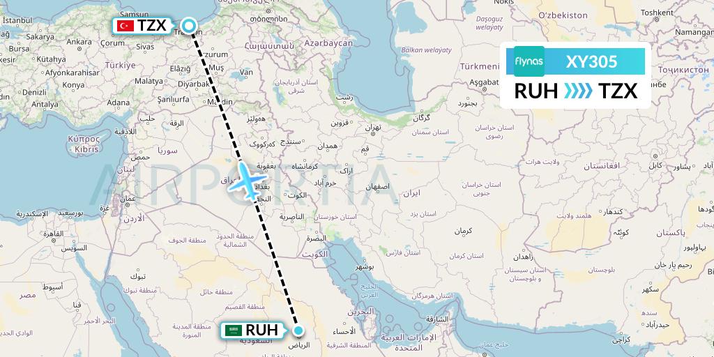 XY305 Flynas Flight Map: Riyadh to Trabzon