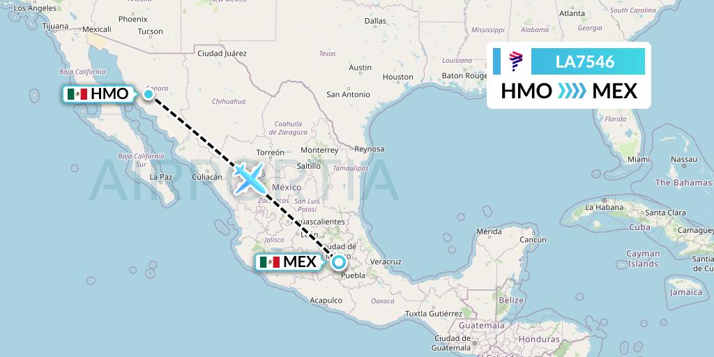 LA7546 LAN Airlines Flight Map: Hermosillo to Mexico City